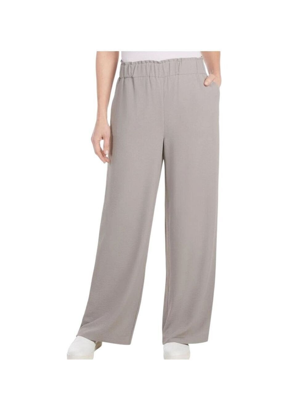 Hilary Radley Women's Wide Leg Crinkle Pants with Elastic Waist in Grey
